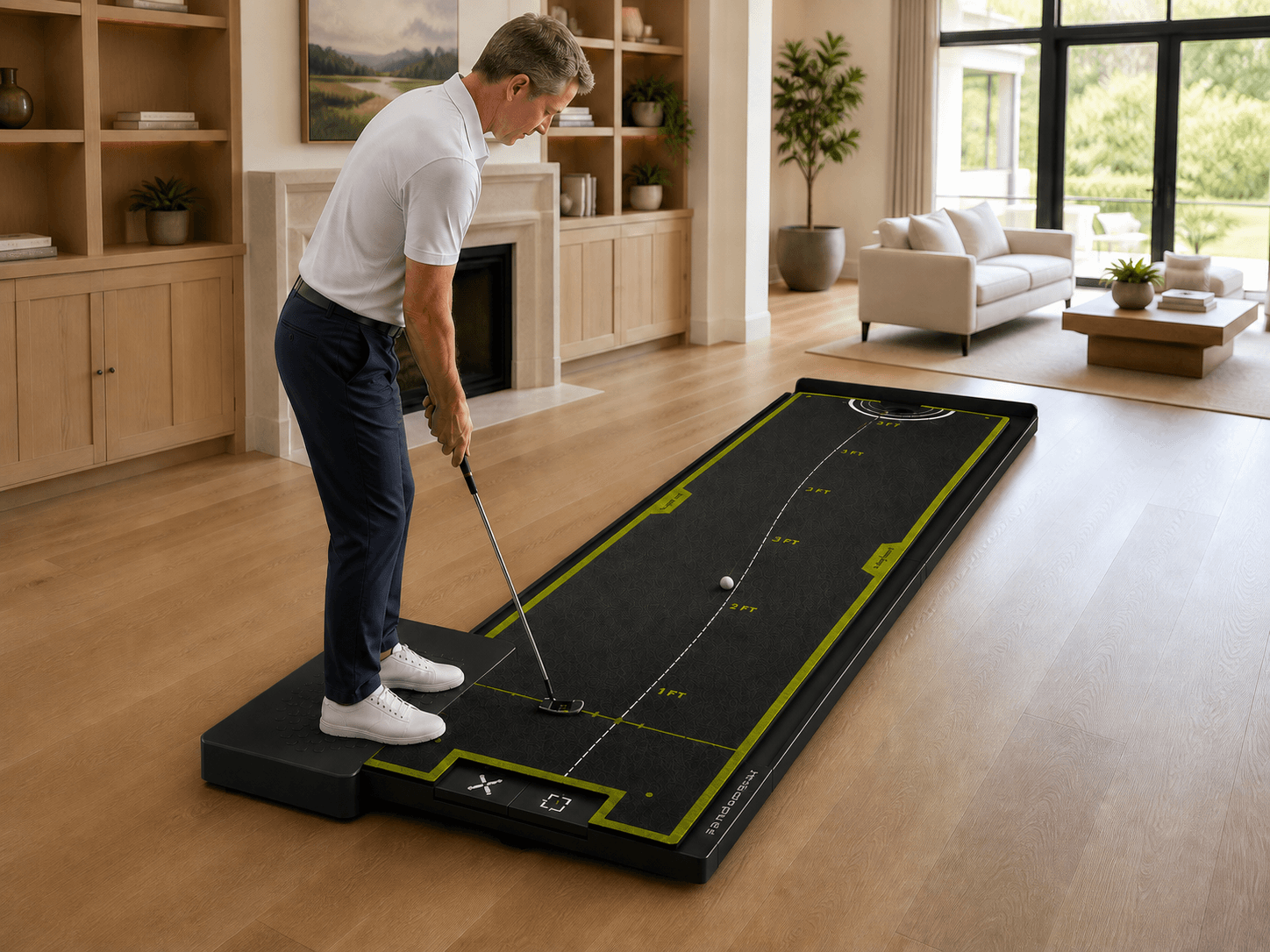 Golfer repeating a challenging putt on NDoorPutt without an analytics overlay.