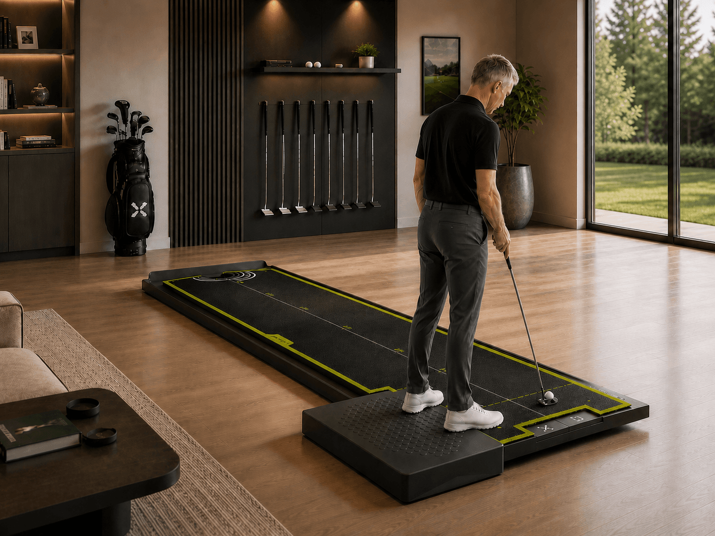 Golfer practicing with NDoorPutt at home without a phone mount or app interface.